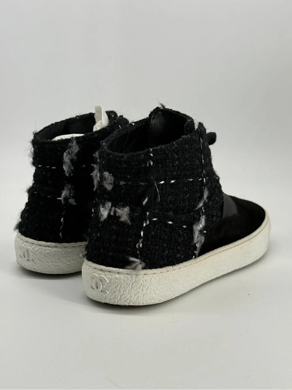 Chanel Black Suede Tweed Mid Top Lace-Up Sneakers Size 6.5